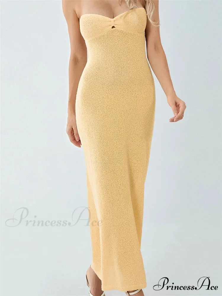 Sexy Women Knitted Tube Strapless Off Shoulder Solid Summer Tie-up Backless Beach Female Vestidos YELLOW / S