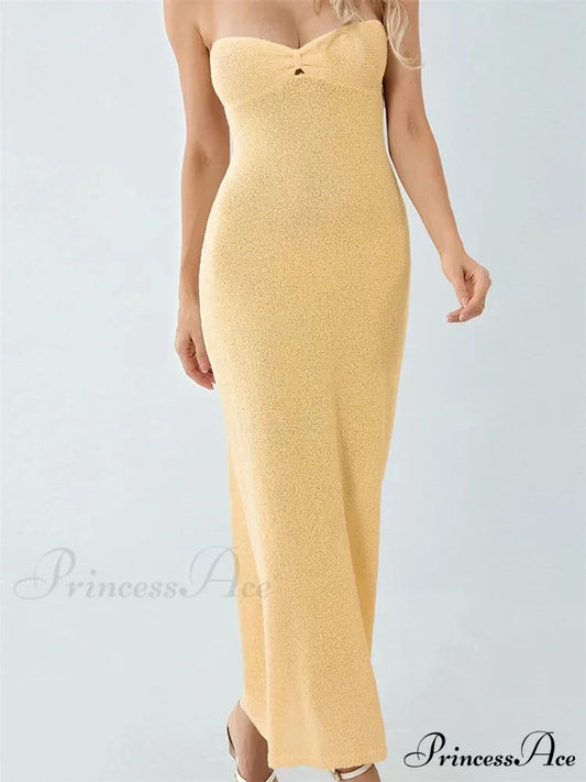 Sexy Women Knitted Tube Strapless Off Shoulder Solid Summer Tie-up Backless Beach Female Vestidos YELLOW / S