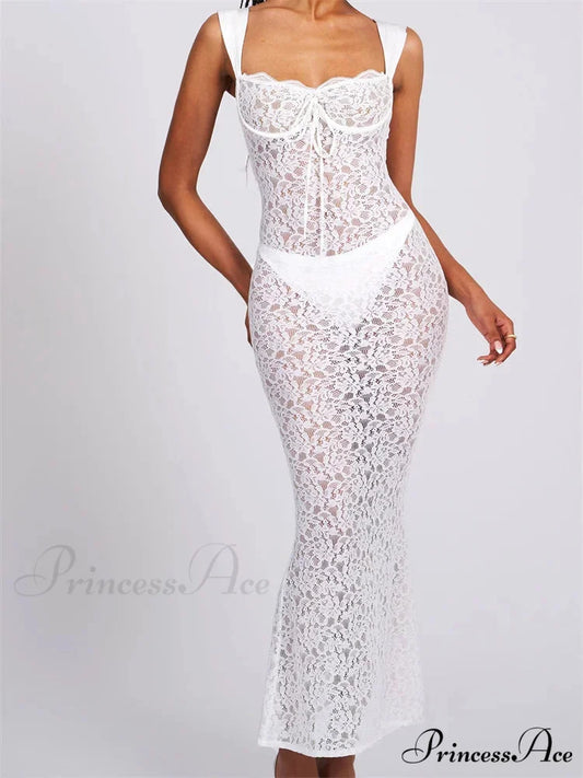Sexy Women Lace Floral Sling Mesh See-Through Sleeveless Strap Low Cut Summer Backless Party Vestido WHITE / S