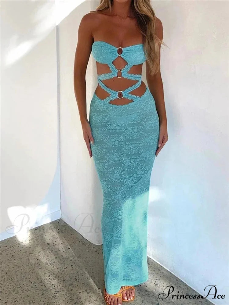 Sexy Women Lace Hollow-Out Strapless Off Shoulder Tube Summer Backless Fashion Party Female Vestidos BLUE / S