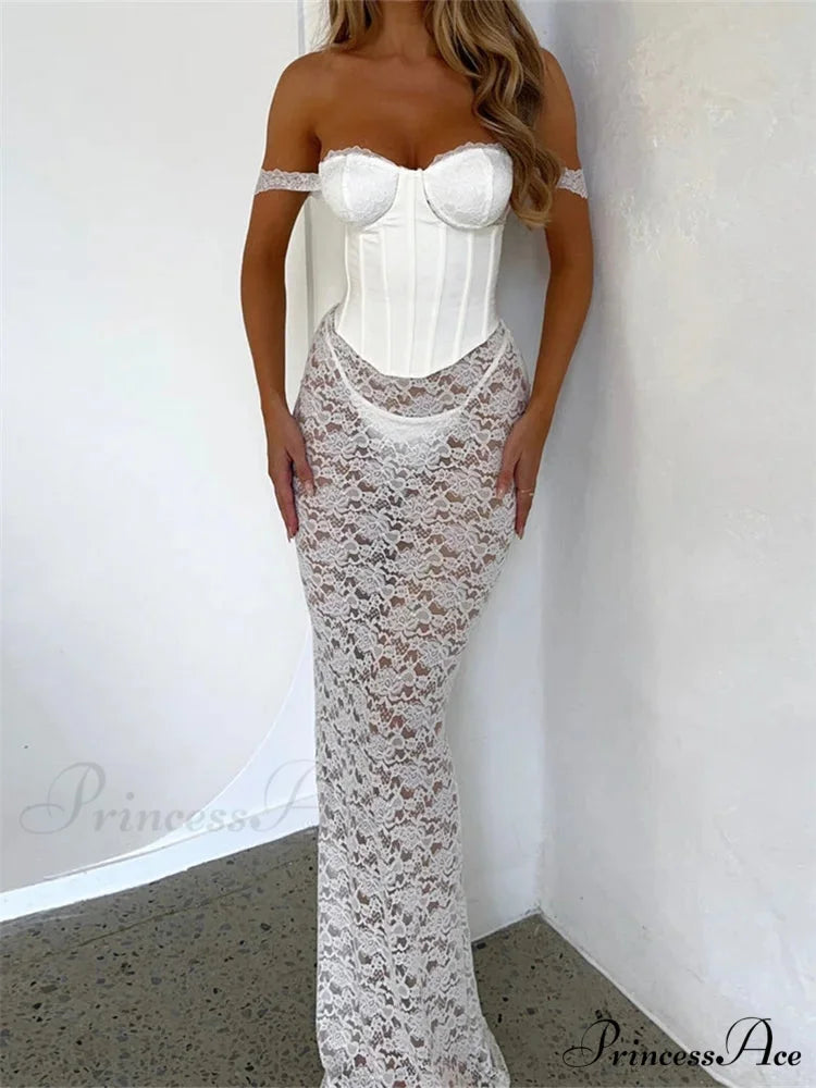 Sexy Women Lace Party Strapless Backless Patchwork See Through Black Slim Cocktail Vestidos New WHITE / S