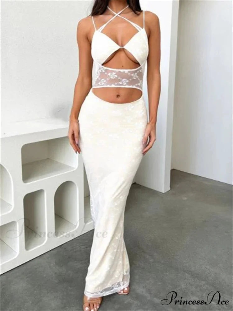 Sexy Women Lace See Through Sleeveless Spaghetti Strap Cutout Elegant Party Female Vestidos New WHITE / S
