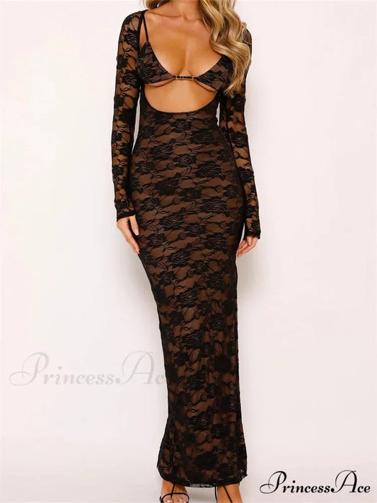 Sexy Women Lace Sleeve Low Cut Deep V-neck Party Club with Bra Summer High Split Vestidos BLACK / S
