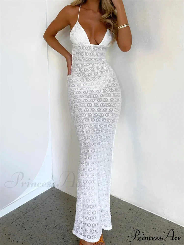 Sexy Women Mesh Sheer See Through Lace Patchwork Backless Deep V-neck Slim Fit Party Beachwear WHITE / S