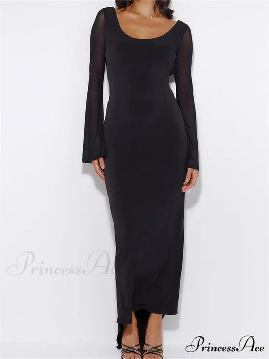 Sexy Women Mesh Sleeve Backless Ruched Lace-up Solid Color Party Female Irregular Hem Vestidos BLACK / S