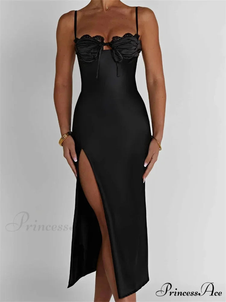 Sexy Women Ruched Lace Low Cut Sleeveless Spaghetti Strap High Split Evening Front Tie-up Vestidos BLACK / S