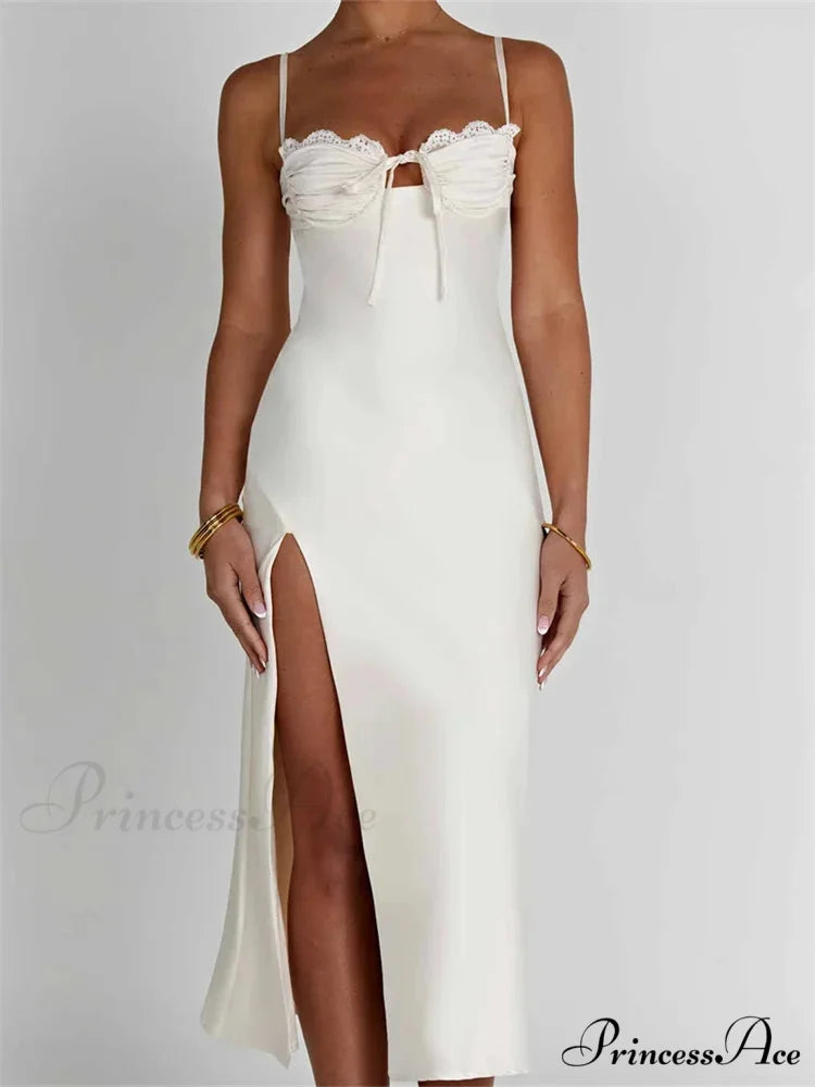 Sexy Women Ruched Lace Low Cut Sleeveless Spaghetti Strap High Split Evening Front Tie-up Vestidos WHITE / S