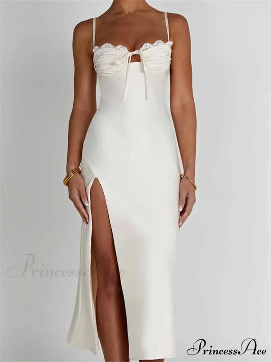 Sexy Women Ruched Lace Low Cut Sleeveless Spaghetti Strap High Split Evening Front Tie-up Vestidos WHITE / S
