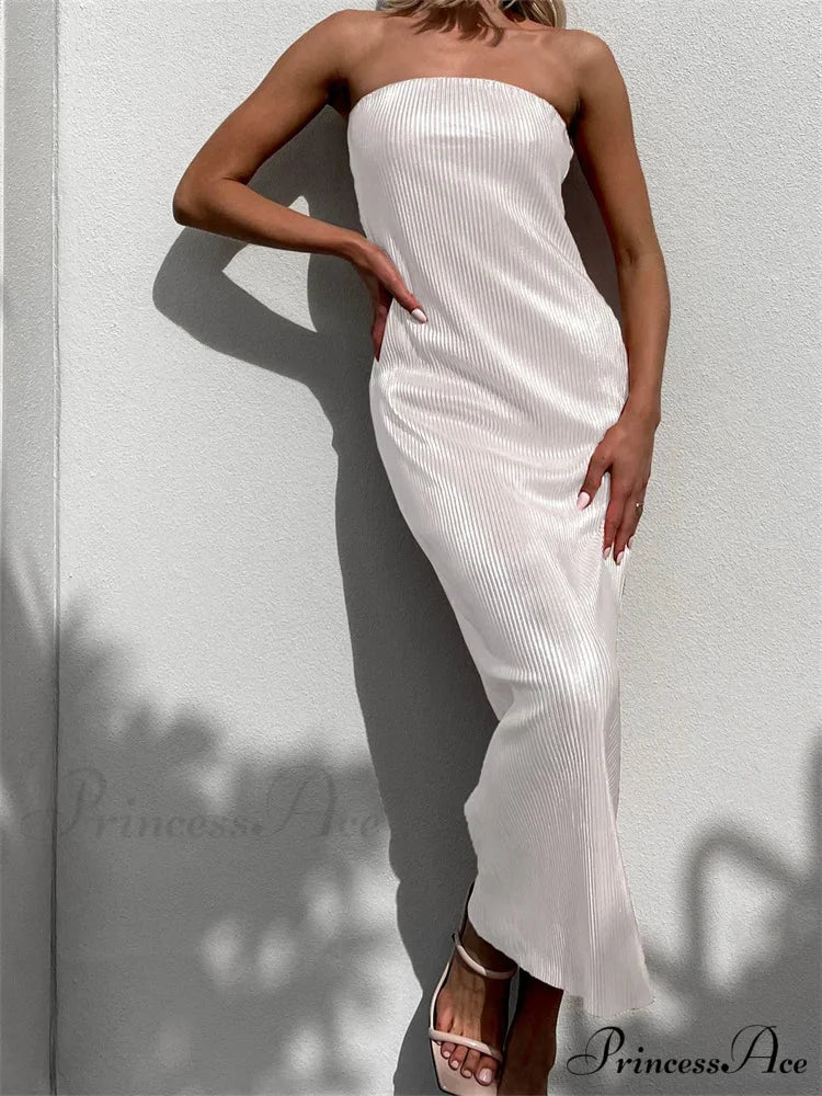 Sexy Women Ruched Tube Strapless Off Shoulder Bodycon Solid Color Summer Party Female Vestidos WHITE / S