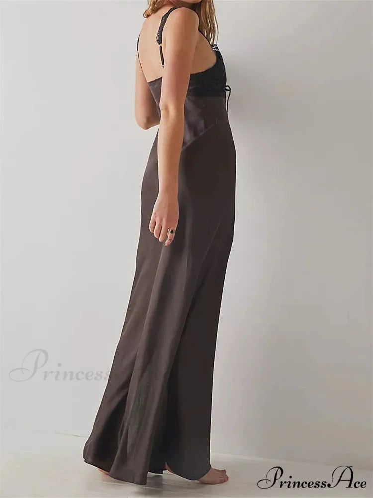 Sexy Women Side High Split Sleeveless Deep V-neck Backless Summer Lace Trim Cocktail Party Vestidos