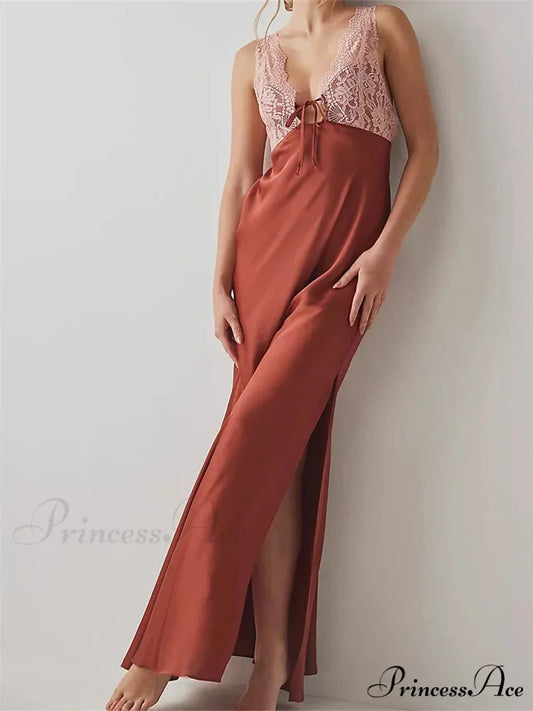 Sexy Women Side High Split Sleeveless Deep V-neck Backless Summer Lace Trim Cocktail Party Vestidos RED / S