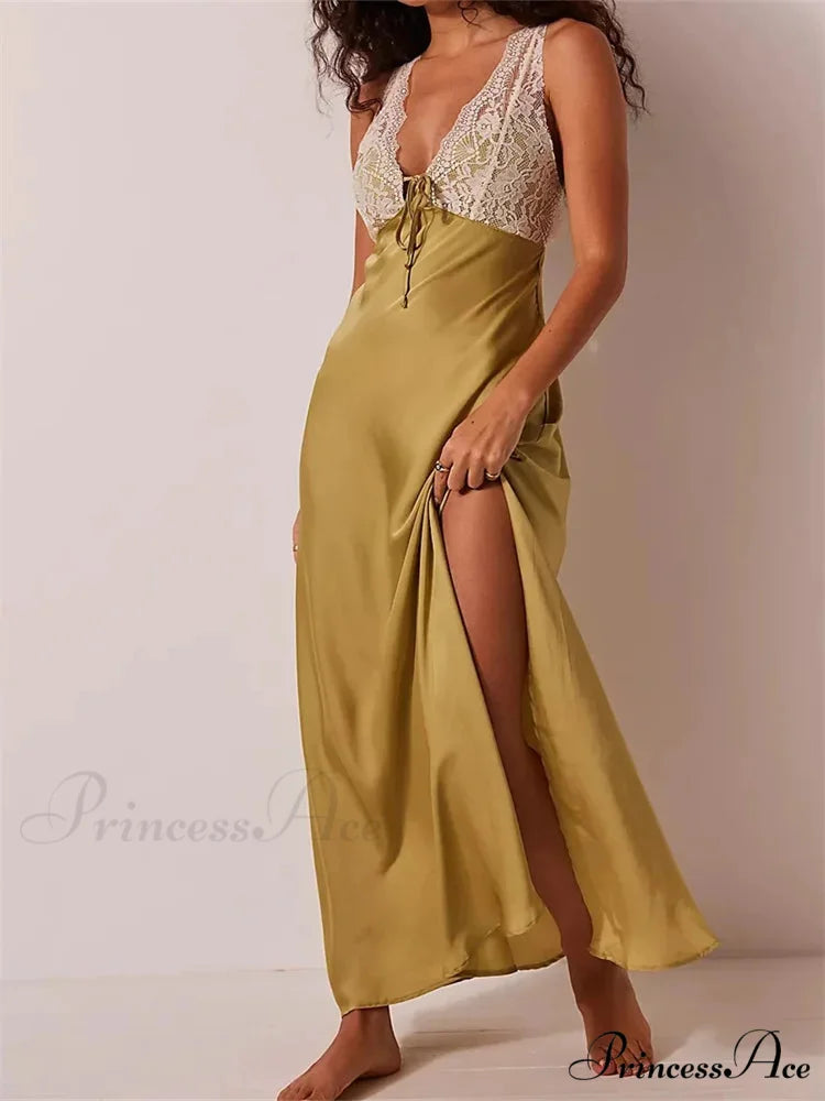 Sexy Women Side High Split Sleeveless Deep V-neck Backless Summer Lace Trim Cocktail Party Vestidos YELLOW / S