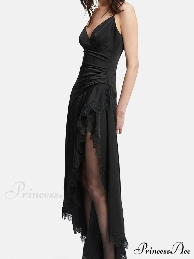 Sexy Women Side High Split Sleeveless Strap V-neck Lace Patchwork Summer Cocktail Party Vestido