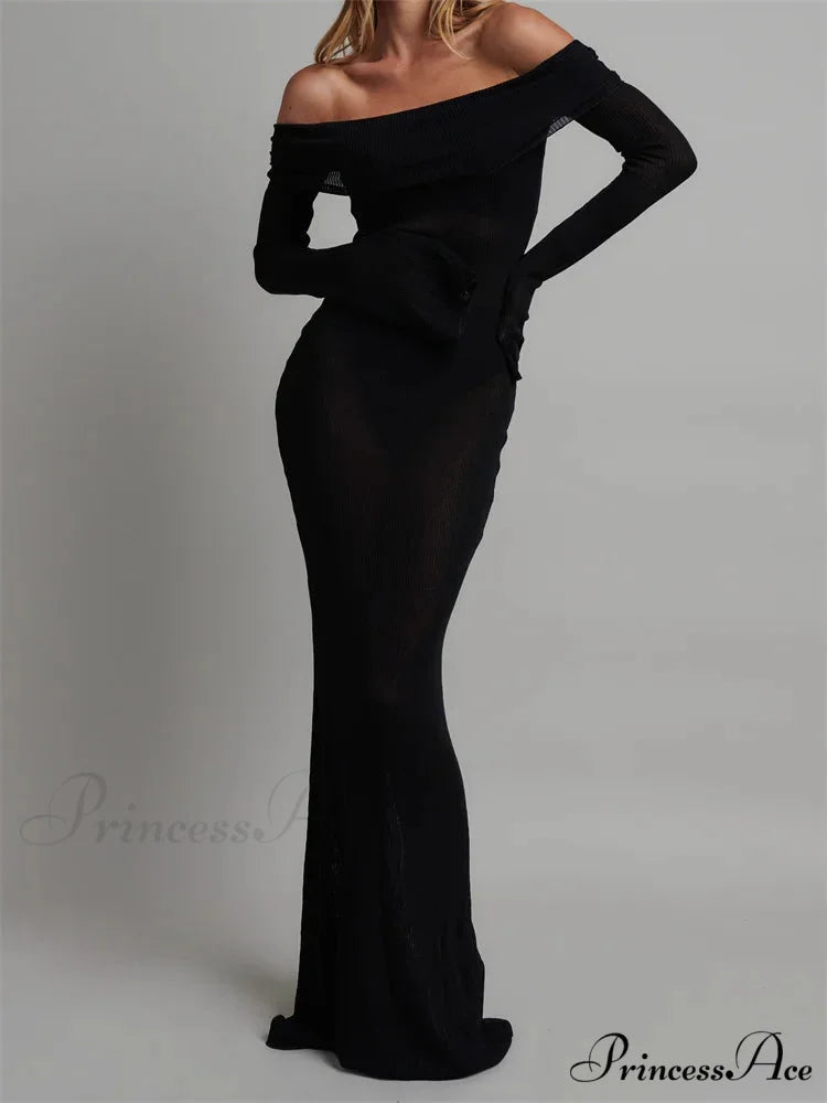 Sexy Women Slash Neck Off Shoulder Party Formal Spring Autumn Sleeve Slim Solid Female Vestidos BLACK / S