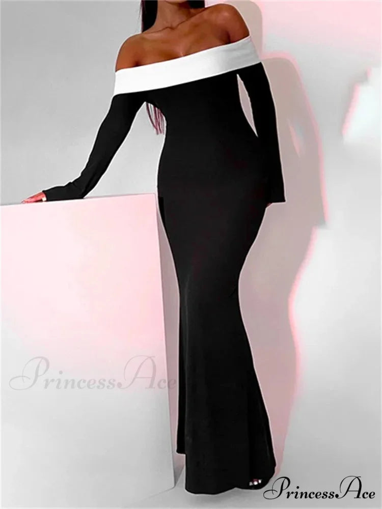 Sexy Women Slash Neck Off Shoulder Sleeve Contrast Color Slim Fit Party Formal Female Vestidos BLACK / S