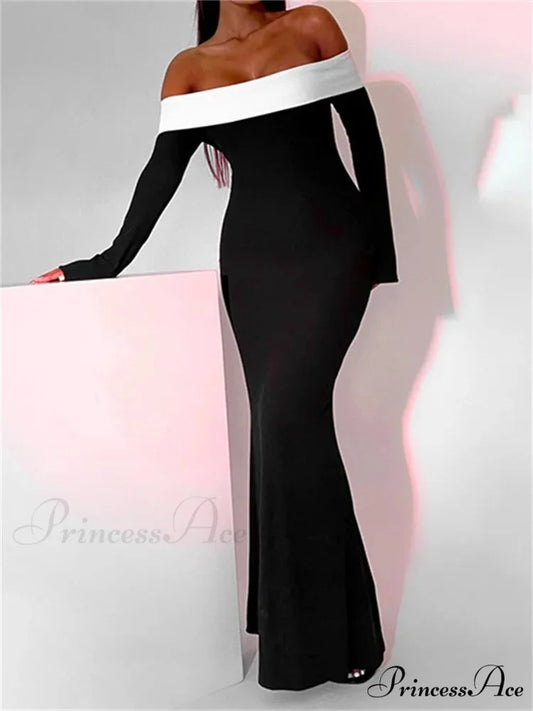 Sexy Women Slash Neck Off Shoulder Sleeve Contrast Color Slim Fit Party Formal Female Vestidos BLACK / S