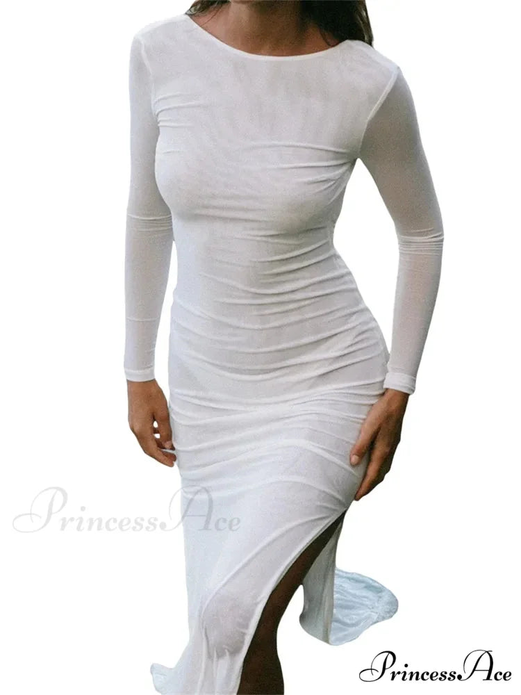 Sexy Women Sleeve Crew Neck Backless Solid Color Slim Fit Side Split Beach Party Female Vestido WHITE / S