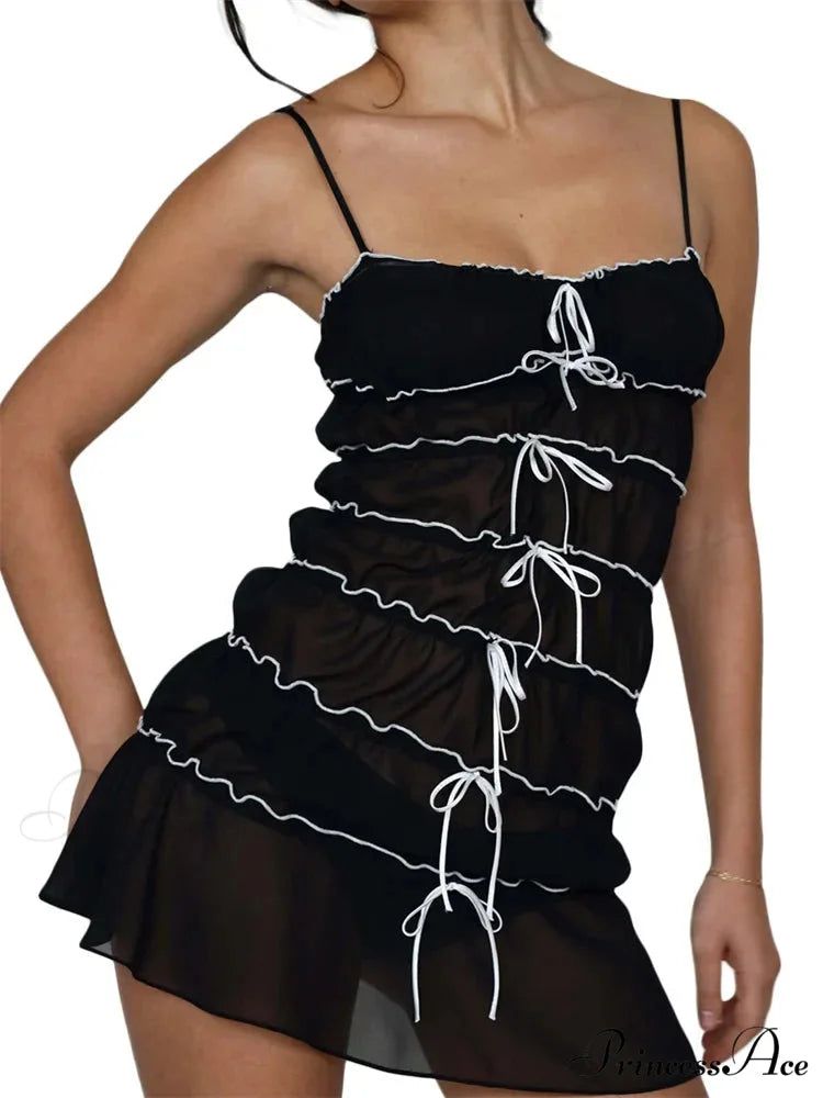 Sexy Women Sleeveless Casual Sling Spaghetti Strap See Through Tie-up Sexy Y2K Party Vestidos