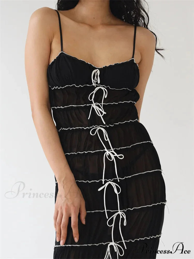 Sexy Women Sleeveless Casual Sling Spaghetti Strap See Through Tie-up Sexy Y2K Party Vestidos