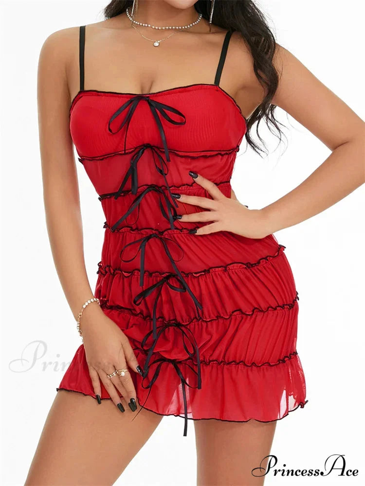 Sexy Women Sleeveless Casual Sling Spaghetti Strap See Through Tie-up Sexy Y2K Party Vestidos RED / S