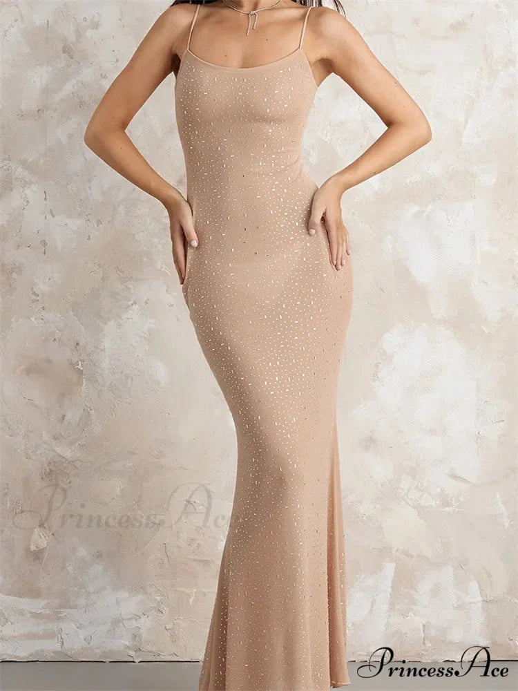 Sexy Women Sleeveless Strap Slim Sparkle Rhinestone Low Cut Trumpet Summer Party Female Vestido KHAKI / S