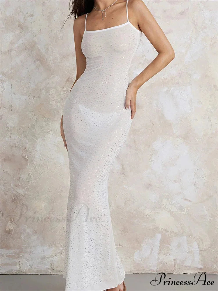 Sexy Women Sleeveless Strap Slim Sparkle Rhinestone Low Cut Trumpet Summer Party Female Vestido WHITE / S