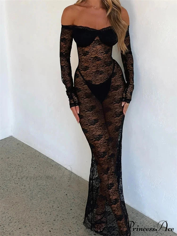 Sexy Women Slim Mesh Sheer Lace Flower See Through -Sleeve Off Shoulder Spring Summer Vestidos BLACK / S