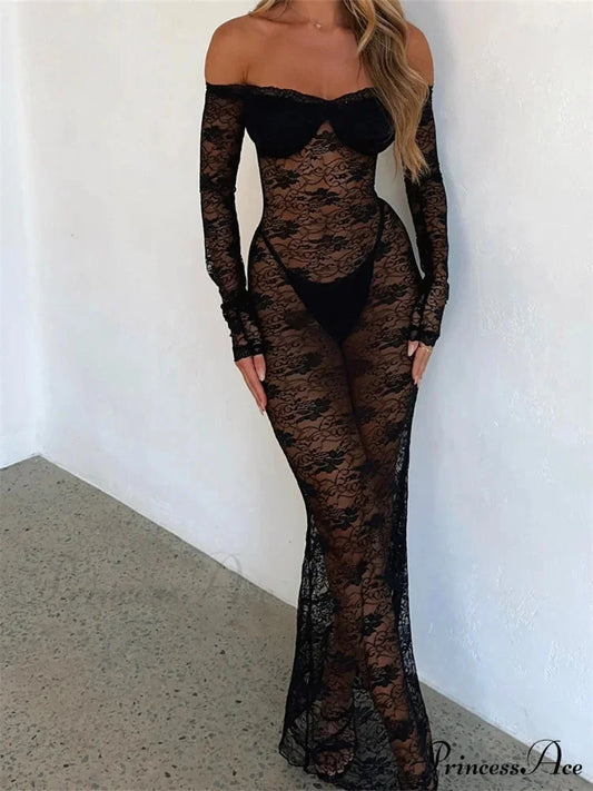 Sexy Women Slim Mesh Sheer Lace Flower See Through -Sleeve Off Shoulder Spring Summer Vestidos BLACK / S