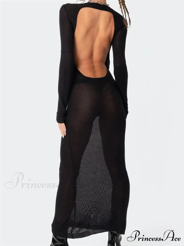 Sexy Women Summer Autumn Party Solid Round Neck Sleeve Backless Knitted Female Vestido Clubwear BLACK / S