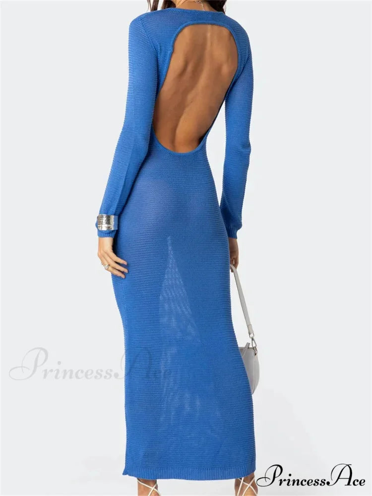 Sexy Women Summer Autumn Party Solid Round Neck Sleeve Backless Knitted Female Vestido Clubwear BLUE / S