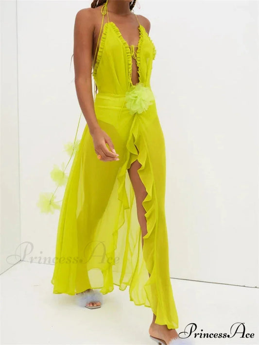 Sexy Women Summer Beach Sleeveless Halter Tie-up Backless See-through Flower Split Ruffles Vestidos GREEN / S