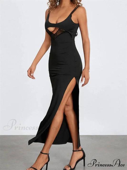 Sexy Women Summer Slim Sleeveless Lace Patchwork Low Cut Cutout Side High Split Summer Party Vestido