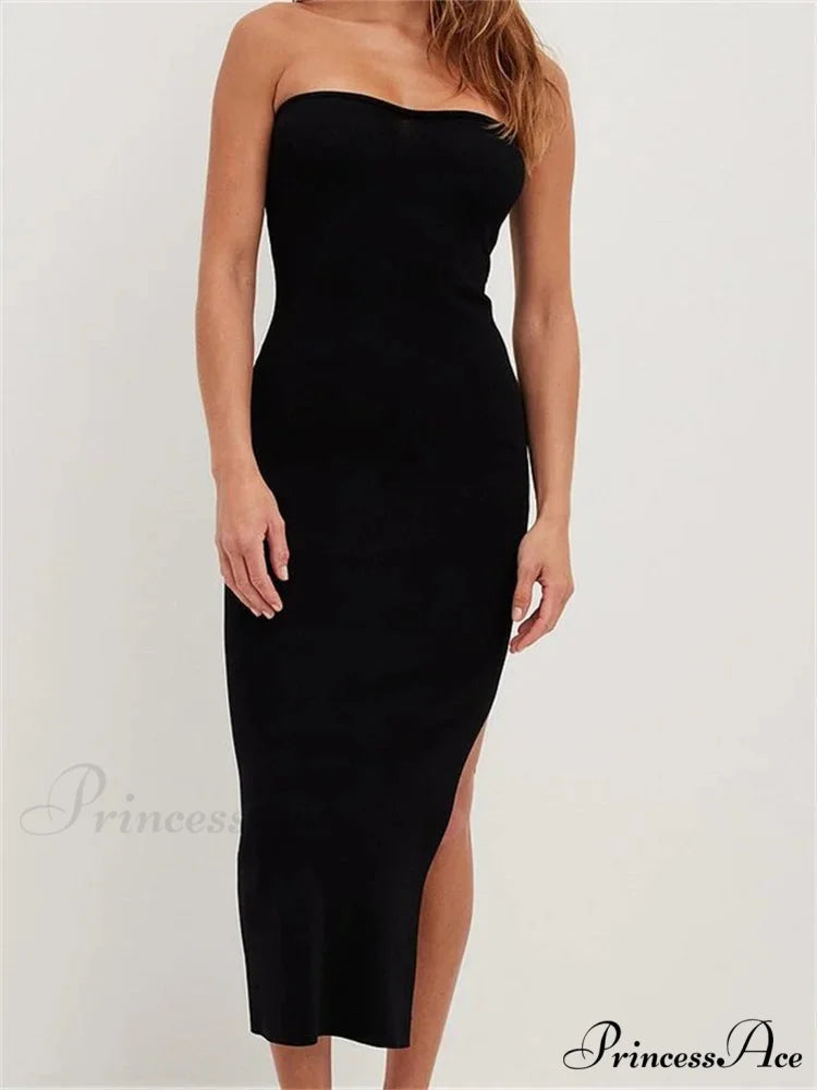 Sexy Women Tube Solid Strapless Off Shoulder Backless Summer Side Split Party Knitted Vestidos BLACK / S