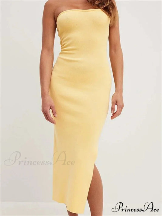Sexy Women Tube Solid Strapless Off Shoulder Backless Summer Side Split Party Knitted Vestidos YELLOW / S