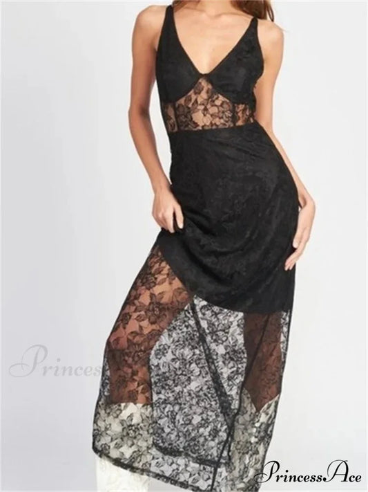 Sexy Women V Neck Sleeveless Lace Patchwork Flower Embroidery Slim Tank Summer Party Vestidos Black / S