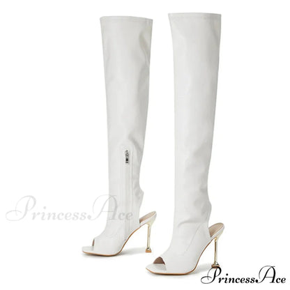 Sexy Zip Metal Thin Heel Thigh High Over The Knee Boots - Open Toe Leather - Ladies Party Club Stripper Shoes White / 35