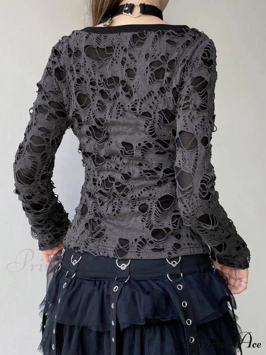 Shadowy Pierced False 2 Part Gothic V-Neck Knit Top knittop-250126