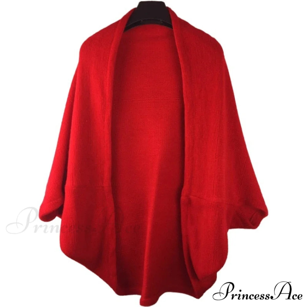 Shawl Bat Sleeve Loose Knitted Sweater Cardigans Red / One Size