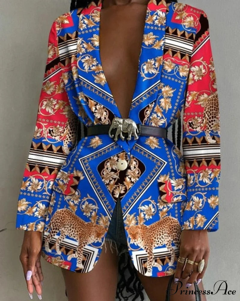 Shawl Lapel Long Sleeve Abstract Blazer Blue red / S