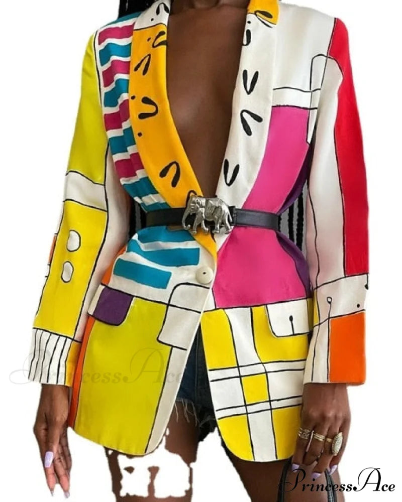 Shawl Lapel Long Sleeve Abstract Blazer Geometric yellow / S