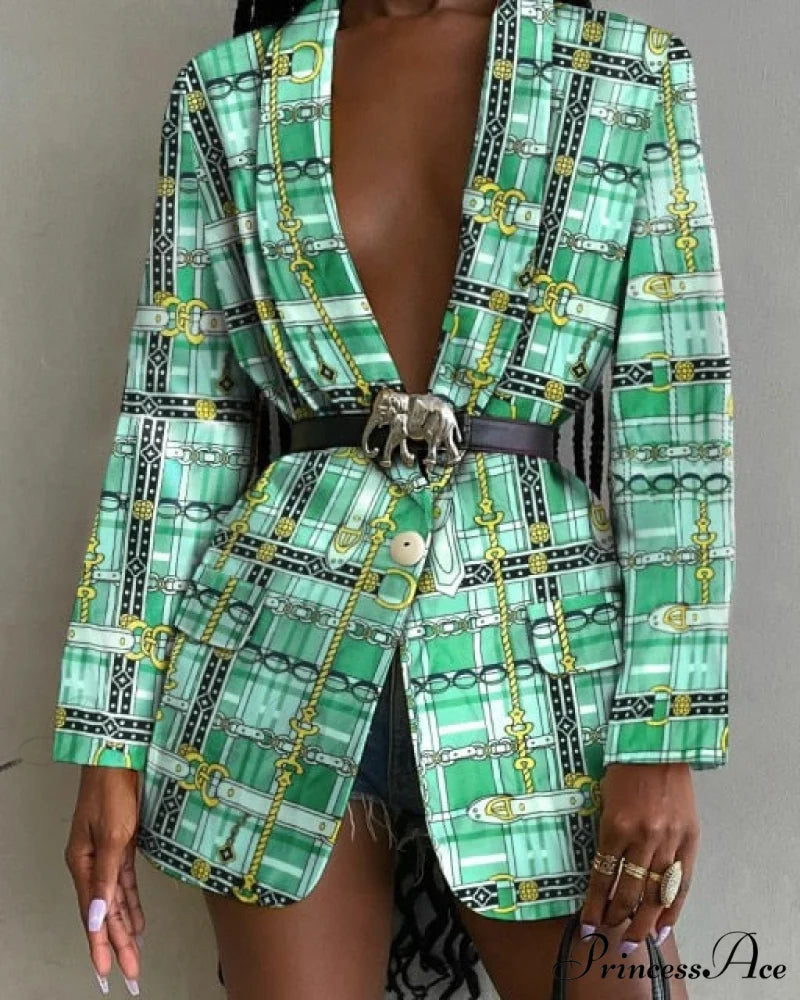 Shawl Lapel Long Sleeve Abstract Blazer green / S