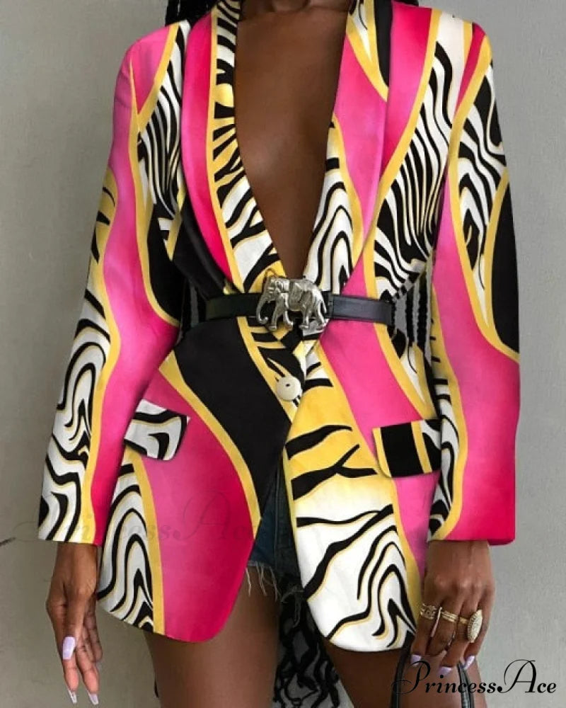 Shawl Lapel Long Sleeve Abstract Blazer Leopard Red / S
