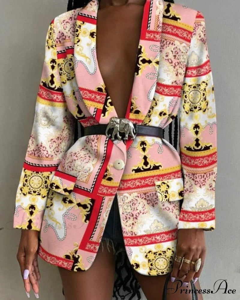 Shawl Lapel Long Sleeve Abstract Blazer Pink / S