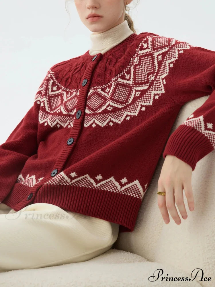 Sheep Wool Round Neck Cable Cardigan Red / XS