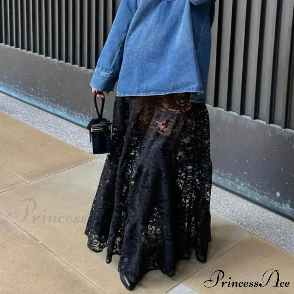 Sheer A-Line Antique Floral Transparent Skirt Black / S skirt-250126