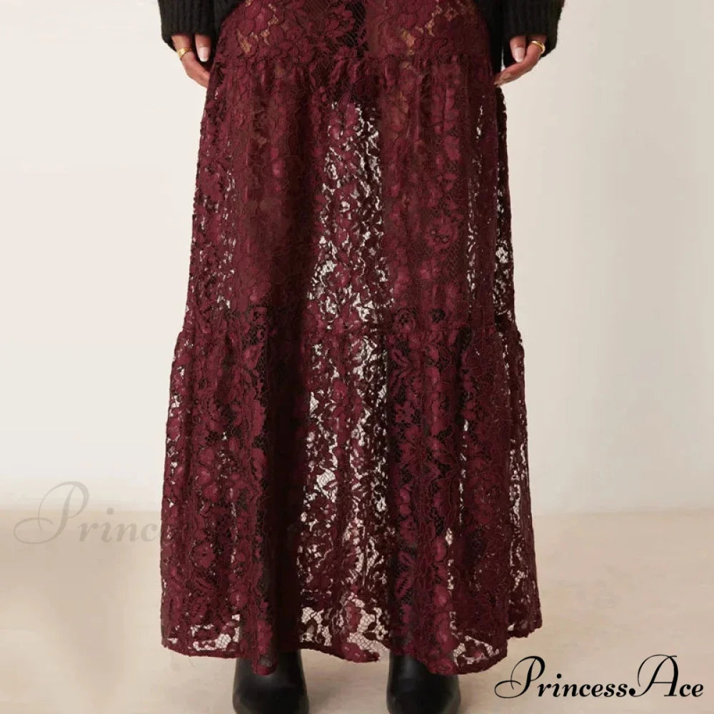 Sheer A-Line Antique Floral Transparent Skirt Claret / S skirt-250126