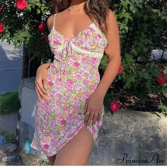 Sheer Blossom Lace Strap Bohemian Dress PINK / S bohodress-250126