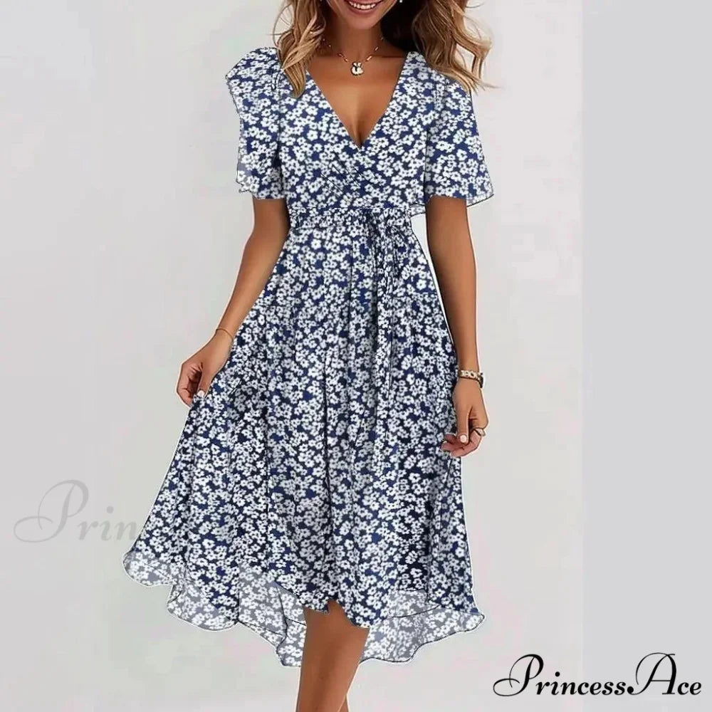 Sheer Blossom Pattern Plunging Neckline Dress Blue and white floral / S oldfloraldress-250126