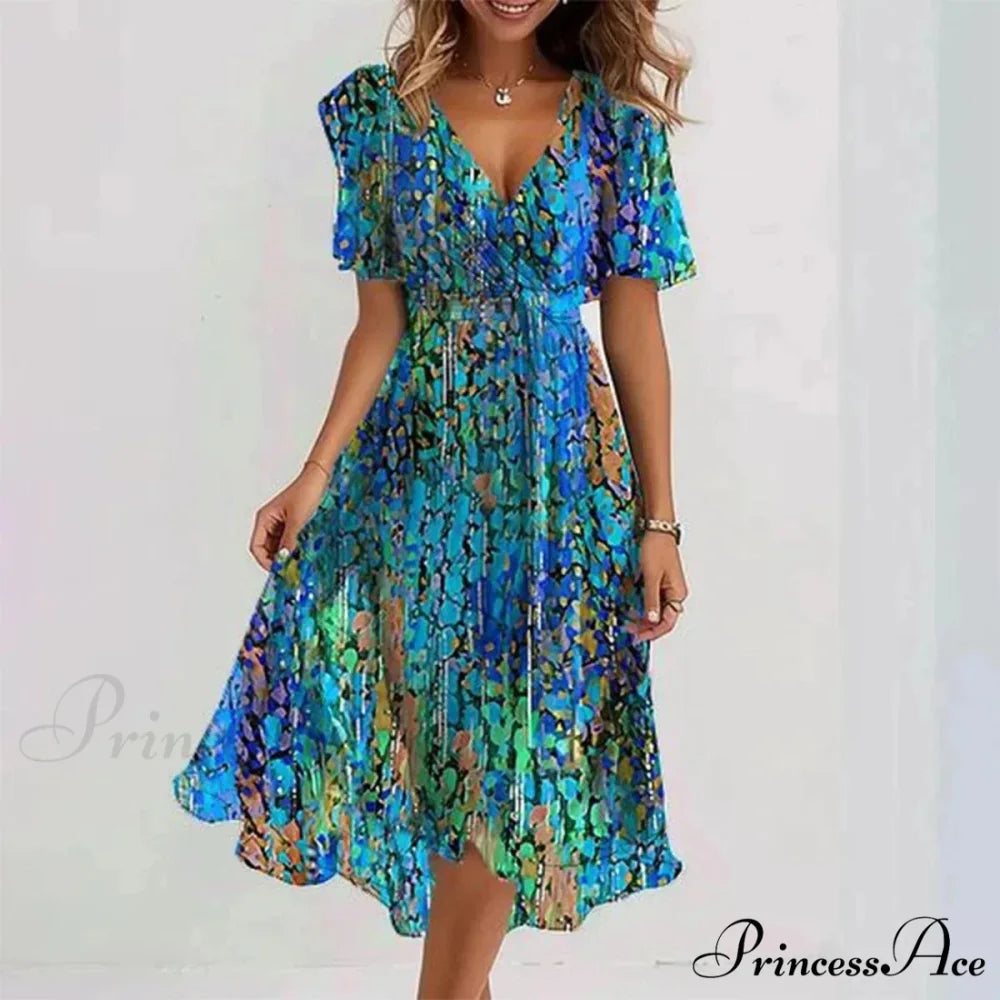 Sheer Blossom Pattern Plunging Neckline Dress Blue / S oldfloraldress-250126