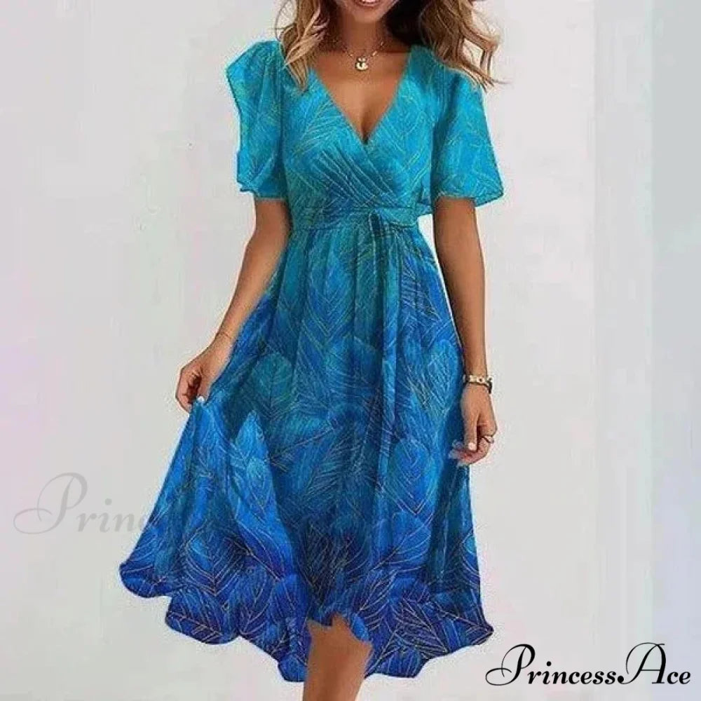 Sheer Blossom Pattern Plunging Neckline Dress Gradient Blue / S oldfloraldress-250126